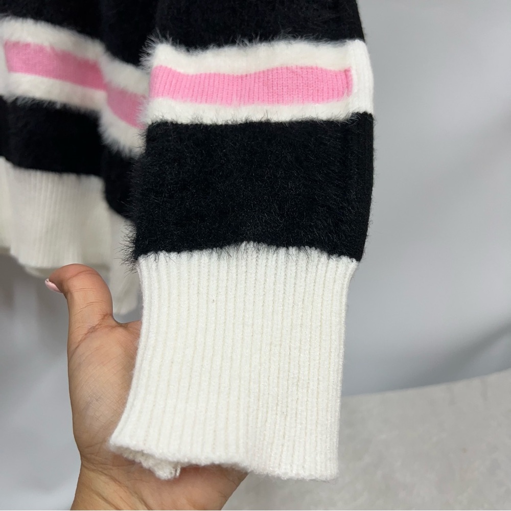 THML Kirsten striped M knit sweater white pink black bold modern high neckline - Picture 2 of 12
